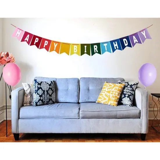 8 Feet Rainbow Happy Birthday Banner with 3 Colorful Felt Pennant Flag Banners (6 Feet) for Party Decorations Multicolor {3}
