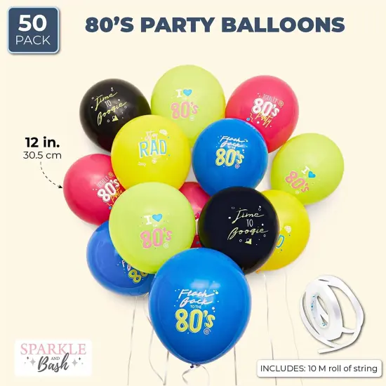 I Love The 80's Party Balloons in 5 Colors, Flash Back to The 80's, Stay Rad, Time to Boogie (12 Inches, 50-Pack) Multicolor {2}
