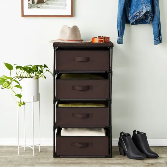 4-Tier Tall Closet Dresser with Drawers - Clothes Organizer and Small Fabric Storage for Bedroom (Dark Brown) {4}