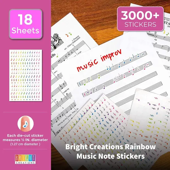 Music Note Stickers, Sticker Sheets (Rainbow, 18 Sheets, 3000 Pieces) Multicolor {2}