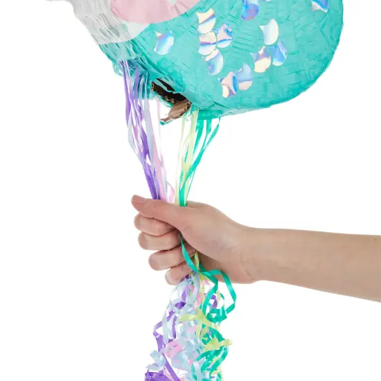 Unicorn Mermaid Pinata - Pull String Pinata for Girls Under the Sea Party Decorations, Rainbow Birthday (Small, 16.5x13x3 In), For Ages 3+ Blue {4}