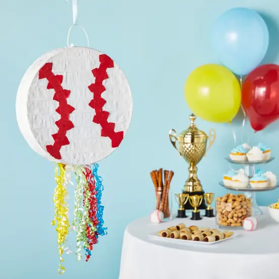 Pull String Baseball Pinata for Boys and Girls Sports Themed Birthday Party Decorations (Small, 12.75 x 3 Inches) White {3}