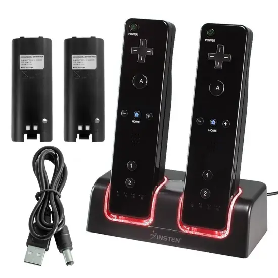 2-Pack Rechargeable Batteries for Nintendo Wii / Wii U Controller with Dual Ports Charging Station Cradle Dock, Black by Insten {1}