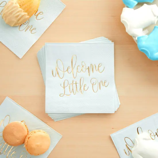 BLUE PANDA 50-Pack Welcome Little One Baby Shower Napkins for Girls - Gold Foil Gender Reveal Decorations - Pink (5x5 In) {2}