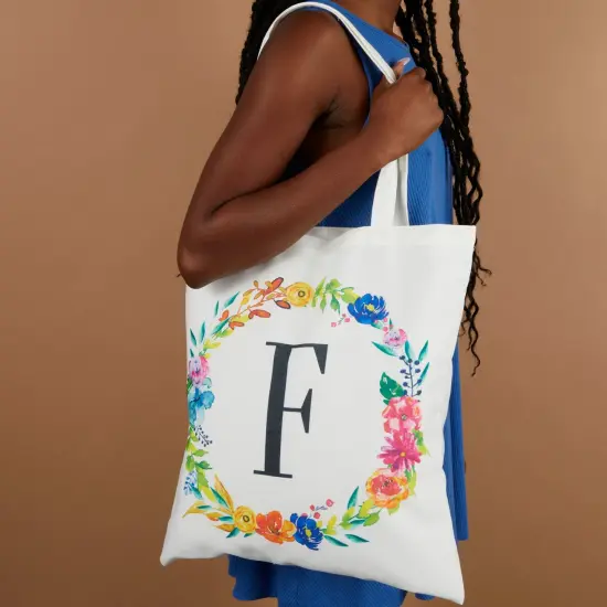 Okuna Outpost Set of 2 Reusable Monogram Letter F Personalized Canvas Tote Bags for Women, Floral Design for Groceries, Bridesmaids, Beach, Travel, or Everyday Use (29 Inches) White {3}
