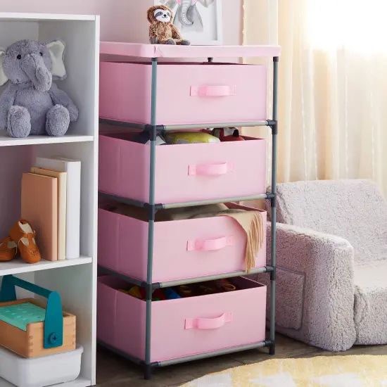 4-Tier Tall Closet Dresser with Drawers - Clothes Organizer and Small Fabric Storage for Bedroom (Pink) {2}