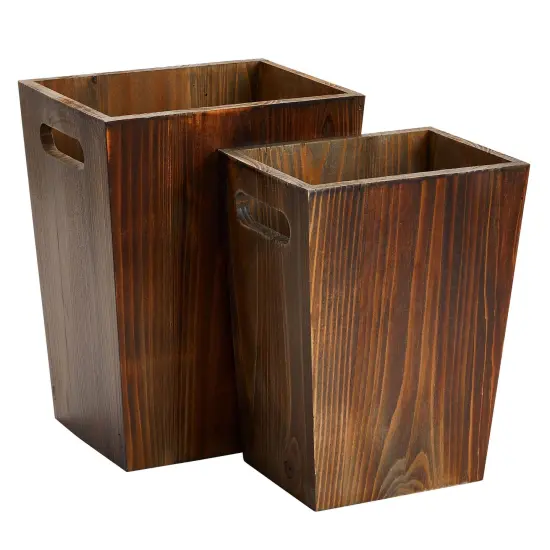 2 Piece Rustic Style Wood Trash Can Set, Farmhouse Square Wastebasket Bin with Handles for Home or Office (Brown, Small & Large) {1}
