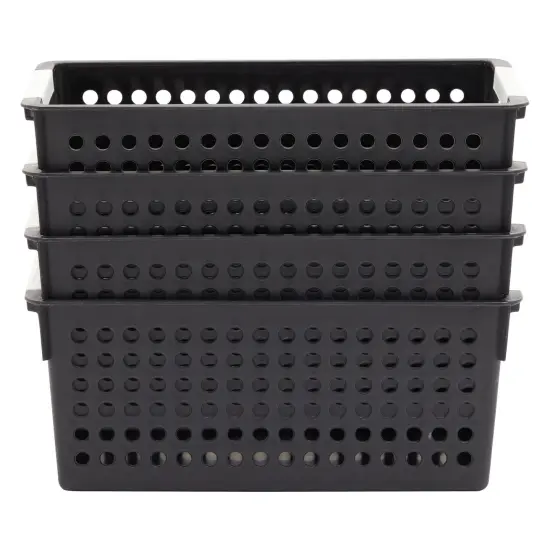 Farmlyn Creek 4-Pack Black Plastic Baskets for Organizing Bathroom, Laundry Room, Washroom or Playroom, Stylish and Sleek Versatile Small Plastic Baskets with Handles for Home Closet Organization {4}