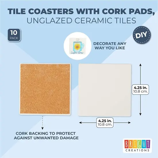 10 Pack White Unglazed Ceramic Tiles For Crafts with Cork Backing Pads for Coasters, DIY Arts and Crafts (4.25 x 4.25 In, Square) {5}