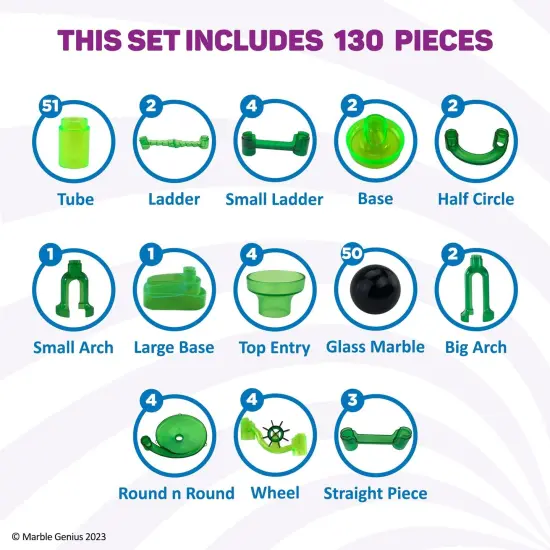 Marble Genius Marble Run Starter Set, STEM Toy for Kids Ages 3-14, 130 Complete Pieces (80 Translucent Marbulous Pieces and 50 Glass Marbles), Construction Building Block Toys, Theme (Jungle) {3}