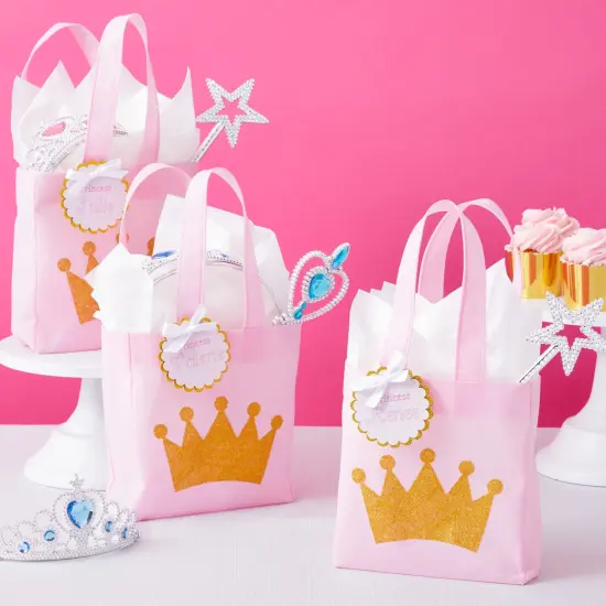 BLUE PANDA 24 Pack Princess Party Goodie Bags for Girls - Pink Canvas Pouches - Reusable & Non-Woven Crown Treat Pouches - Bags for Princess Birthday Party Decorations - 6.5 x 7 x 2 In, Ages 3-14 {3}