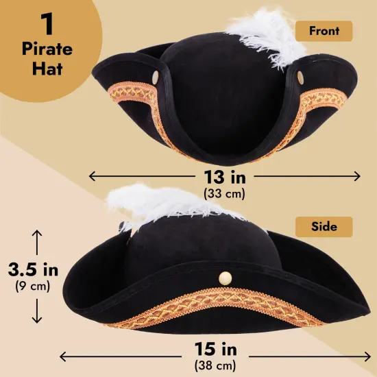 Juvale Adult Tricorn Pirate Hat with Feather for Halloween Outfit - Black Pirate Hat for Colonial Revolutionary History Theme Birthday & Halloween Party Costume 15 x13 x 3.5 In {4}