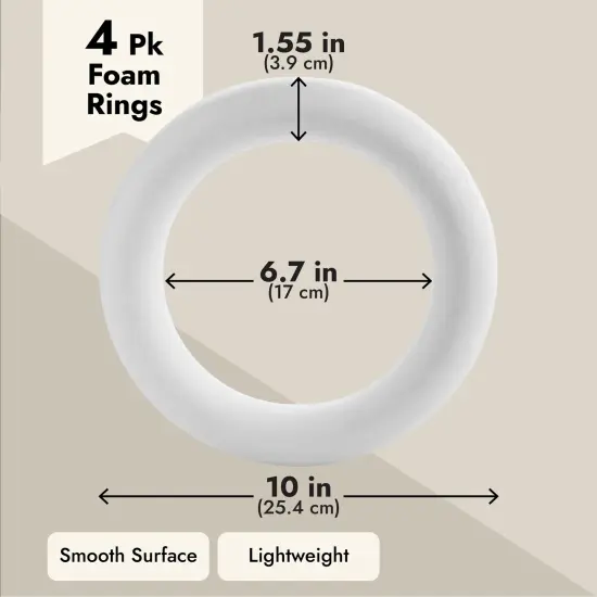 4 Pack Foam Wreath Forms, 10 Inch Rings for Crafts, DIY Projects, Holiday Decor (White) {4}