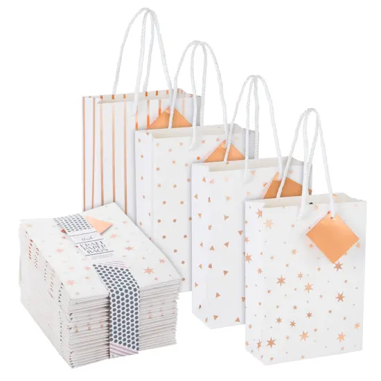 24 Pack Small White Bags with Handles and Tags, Paper Gift Bags for Small Business, 4 Rose Gold Foil Designs (7.9 x 5.5 x 2.5 In) {1}