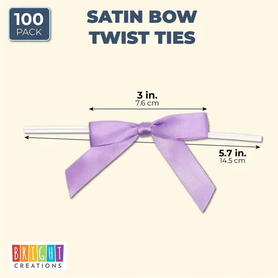 100 Pack Purple Twist Tie Bows for Treat Bags, 3" Small Satin Ribbons for Craft Decoration, Gift Wrap, Themed Party Favors, Baked Goods {2}