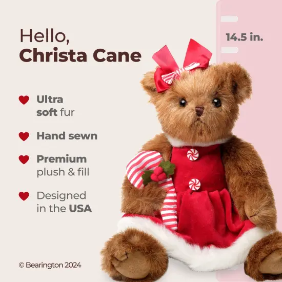 Christa Cane Christmas Bear Stuffed Animal, 14.5 Inch, Christmas Teddy Bear Plush, Teddy Bear Christmas Gift for Kids, For Ages 3-14 Brown {2}
