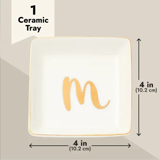 Monogrammed Letter M Ring Tray for Gifts, Personalized Jewelry Dish for Earrings, Necklaces, Bracelets (4x4 in) White {5}