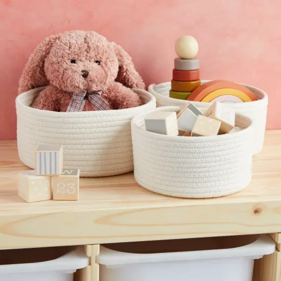 3 Pack Woven Baskets for Storage, Small Round Cotton Rope Organizing Bins (3 Sizes, White) {3}