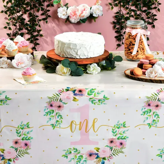 3 Pack Floral Plastic Tablecloth for Baby Girl's 1st Birthday Party Supplies (54 x 108 In) White {4}