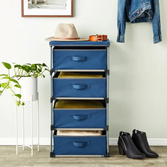 4-Tier Tall Closet Dresser with Drawers - Organizer and Small Fabric Storage for Bedroom (Navy Blue) {4}