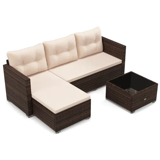 PE Rattan 2-Piece Sectional Sofa Set, Cushioned Seats and Glass Coffee Table {1}