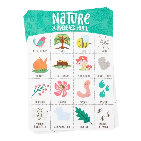 Juvale 50 Pack Nature Themed Scavenger Hunt Cards for Kids Ages 3-14, Outdoor Find and Seek Camping Game {7}
