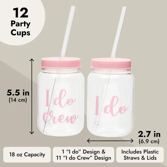 12 Pack "I Do Crew" Bachelorette Party Cups with Lids, Pink Bridal Shower Mason Jar Gifts (18 oz) {4}