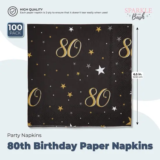 100 Pack Bulk Happy 80th Birthday Napkins for Party Decorations, 2-Ply, Black and Gold (6.5 x 6.5 In) {4}