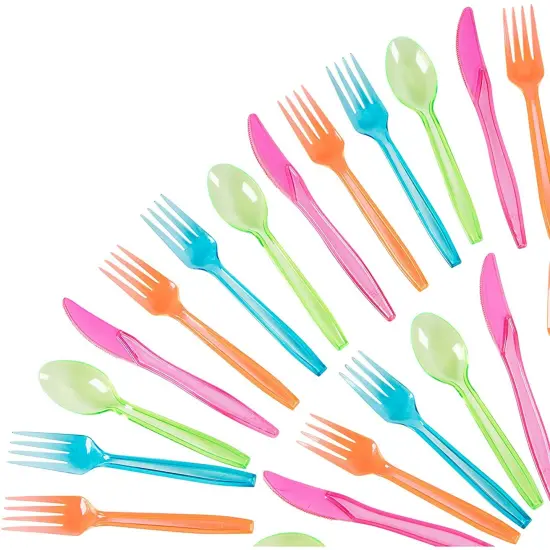 216 Piece Rainbow Plastic Silverware Set for Parties with Neon Forks, Spoons, Knives (Serves 54) Multicolor {1}