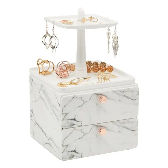 Marble Jewelry Display Tray and Makeup Organizer with Drawer for Vanity (7.3 x 7.7 x 13 in) White {1}