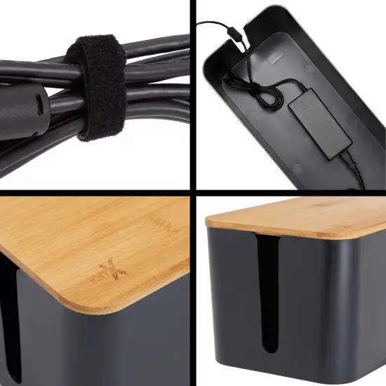 Box for Cable Management, 1 Large ABS Cord Organizer Box with Bamboo Lid, Black {3}