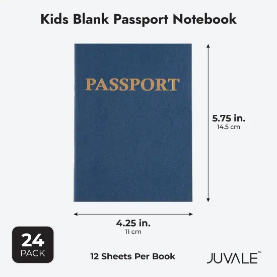 Juvale 24-Pack Blank Passport Notebooks for Kids, 4.1 x 5.6 Inches, Pretend Passport Books for Kids Travel Play and Classroom Activities, Blue {5}