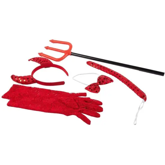 BLUE PANDA 5 Piece Devil Halloween Costume for Girls Ages 6-14 with Red Horned Headband, Bow Tie, Tail, Pitchfork, and Gloves, Complete Girls Devil Costume Set for Halloween Parties and Dress-Up {5}