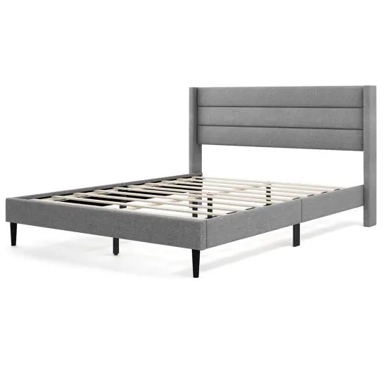 Costway Queen/Twin Bed Frame with Wingback Headboard Linen Upholstered Platform Bed Grey {1}