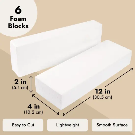 6 Pack Foam Blocks for Crafts - 12x4x2" Polystyrene Brick Rectangles for Art Sculpting, Flower Arrangements, DIY, Packing White {3}