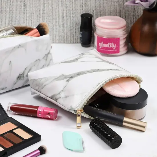 Set of 2 White Marble Makeup Organizer Bag, Cosmetic Storage Pouch, Travel Toiletry Case {3}