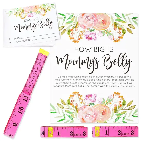 Baby Shower How Big is Mommys Belly Game with 24 Cards, 3 Pink Measuring Tapes, 1 Sign (28 Piece Set) White {1}