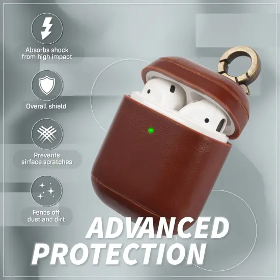 Insten Genuine Leather Case Compatible with Airpods 2 & 1 Carrying Case with Anti Loss Keychain Hook, Front LED Light Visible, Full Body Protective Skin Cover For Women Men Girls Boys, Brown {3}