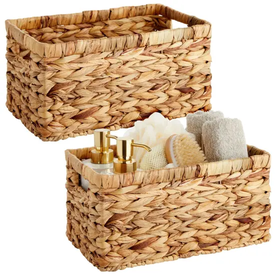 2 Pack Small Rectangular Wicker Baskets for Shelves, 6 Inch Wide Hand Woven Water Hyacinth Baskets for Shelf Organizing, Storage Brown {1}