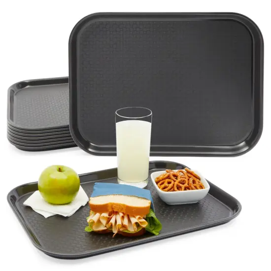 8 Pack Black Plastic Serving Tray, Nonslip for Cafeteria, School Lunch, Fast Food, Restaurant (12 x 16 In, Black) {1}