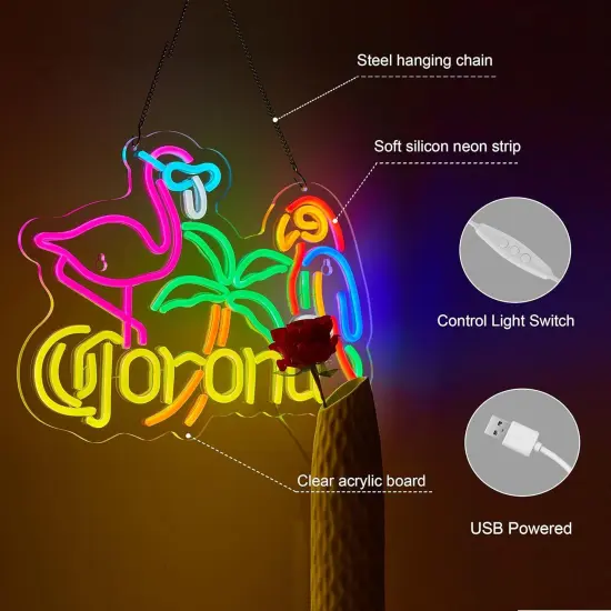 Summer Flamingo and Parrot Coro Neon Sign for Wall D&eacute;cor, Dimmable Beer Bar LED Man Cave Neon Light, USB Powered Neon Art Signs Decor Gifts {4}