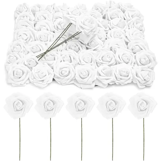 Bright Creations 3" Artificial Rose Flowers 60pcs Real Looking Fake Rose with Stem for DIY Wedding Bouquets and Bridal Shower, White {1}