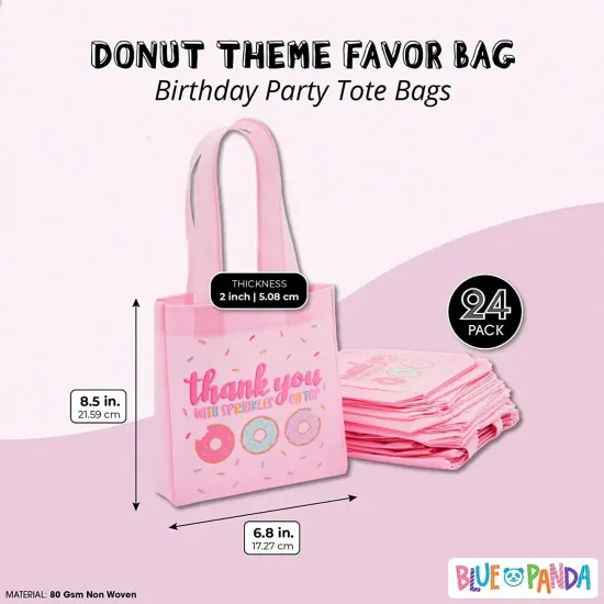 24 Pack Donut Goodie Bags - Pink Donut Theme Party Favor Totes for Girl's Birthday, Baby Shower, Special Event (6.5 x 7 x 2 In) {3}