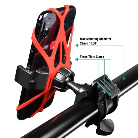 360&deg; Universal Phone Mount for Bike Motorcycle, Bicycle Adjustable Holder with Grip for iPhone 14 13 12 Pro Max Samsung Android Smartphone, Red {6}