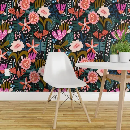 Peel & Stick Wallpaper 2FT Wide Whimsical Floral Modern Botanical Fairy Garden Flowers Maximalist Pink Blue Dots Contemporary Custom Removable Wallpaper by Spoonflower {1}