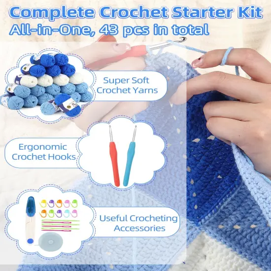 Crochet Blanket Kit - Blue White Mixed {5}