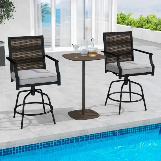 Outdoor PE Wicker Swivel Bar Stools Set of 2 Counter Height Patio Chairs with Back-Grey {3}