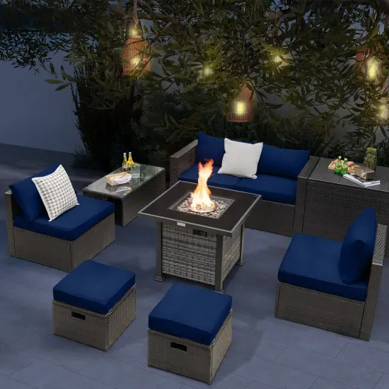 Outdoor 9 Pieces Patio Furniture Set with 50 000 BTU Propane Fire Pit Table Navy {6}