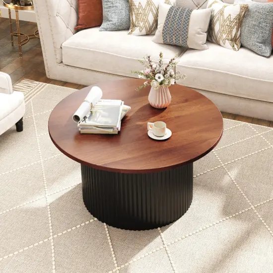 Walnut Solid Wood Round Coffee Table with Wave Support {4}