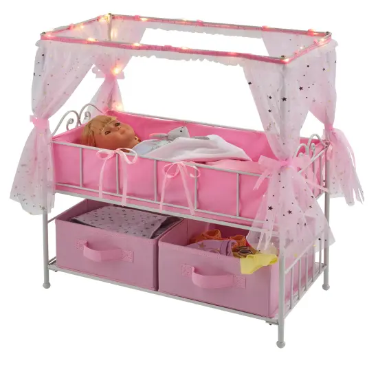 Badger Basket Starlights Metal Doll Crib with Canopy, Bedding, Storage and LED Lights - Pink/White/Stars {5}